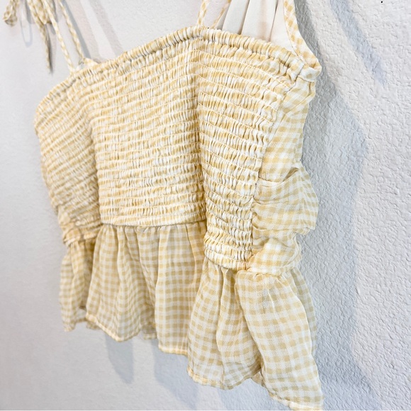 American Eagle Yellow Gingham Tie Strap Smocked Ruffle Peplum Tank Top L - Picture 9 of 10
